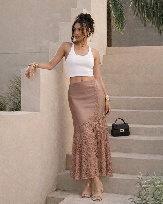 CB20107S SATIN MIDI SKIRT W/ LACE TRIM DETAIL