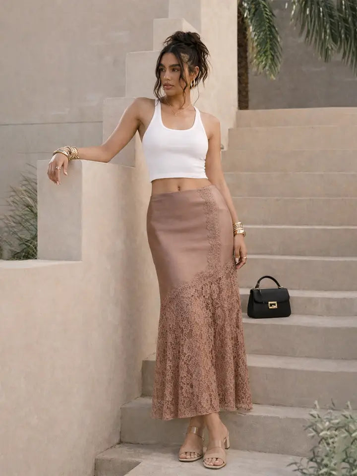Satin Midi Skirt w/ Lace Trim Detail