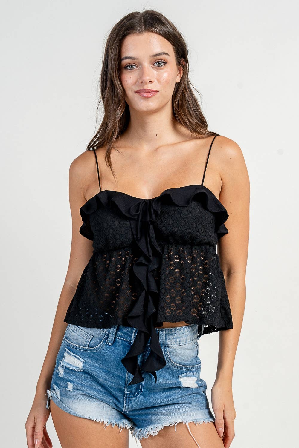 CT10594K MIX MEDIA S/L TOP W. CASCADE RUFFLE DETAIL