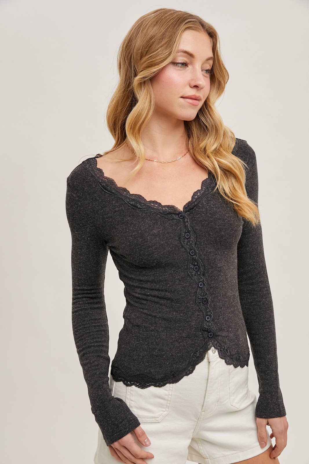 BUTTON DOWN LACE TRIMMED KNIT CARDIGAN TOP