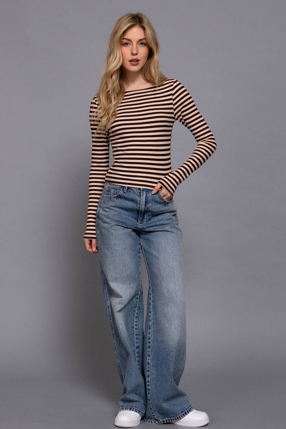 Long Sleeve Boat Neck Stripe Brushed Rib Top