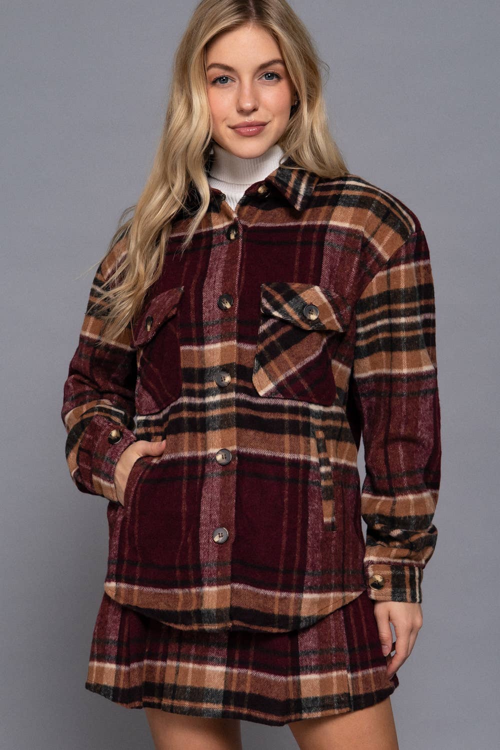 Long Sleeve Wool Blend Plaid Button Down Casual Jacket