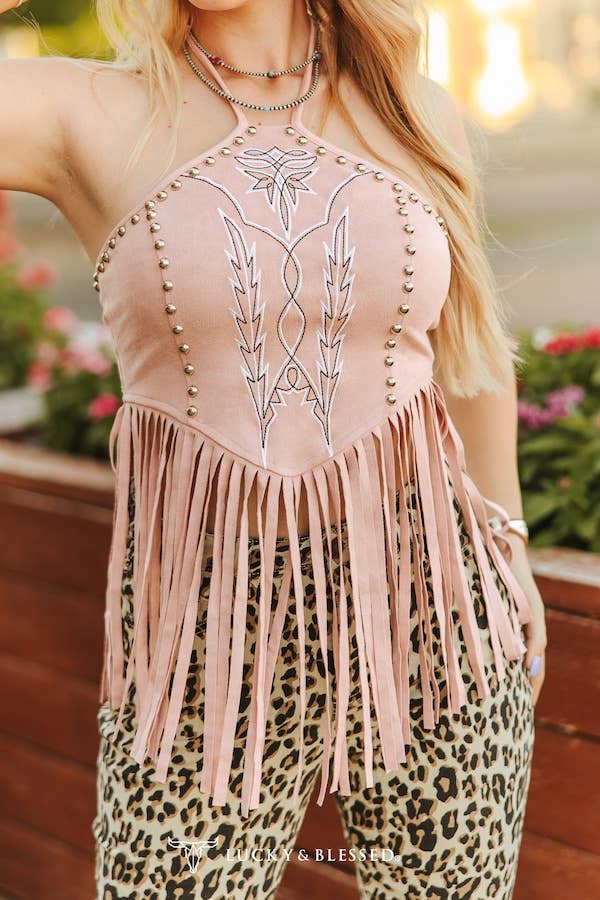 Soft Pink Stretch Suede Halter Top W Boot Stitch Studs