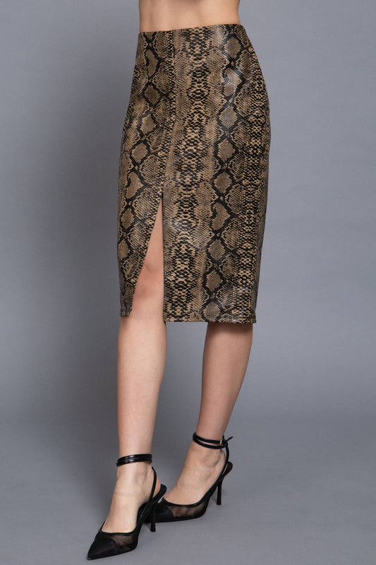 Open Front Snake Print Faux Leather Pencil Midi Skirt