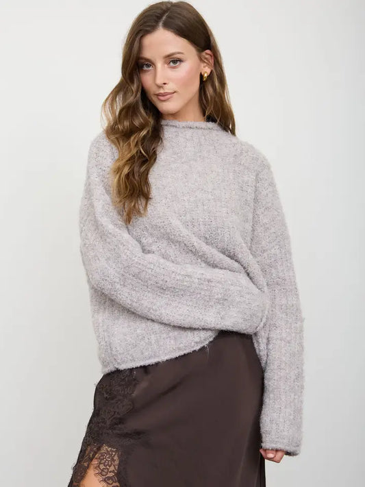 Fuzzy Knit Raw Mock Neck Long Sleeve Knit Sweater