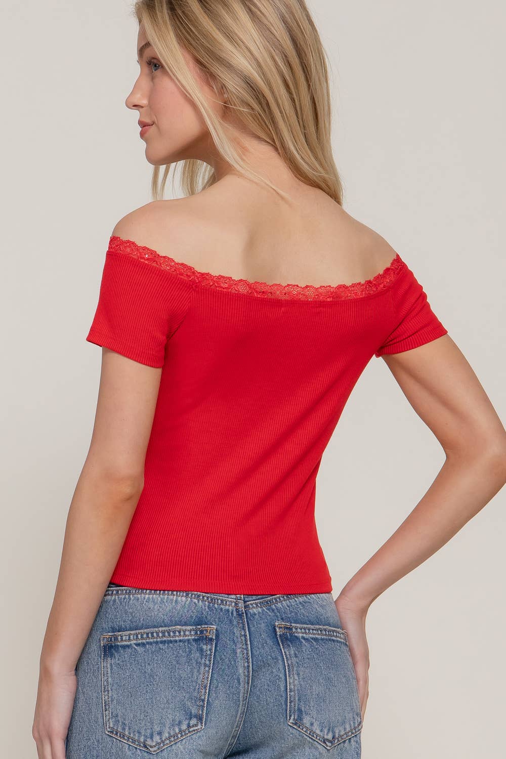 Short Sleeve Off The Shoulder with Lace Trim Knit Top