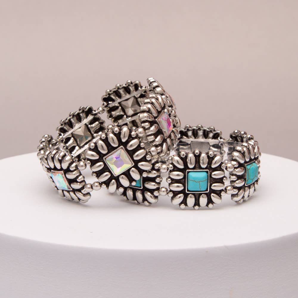 Western Floral Square Cabochon Stretch Bracelet