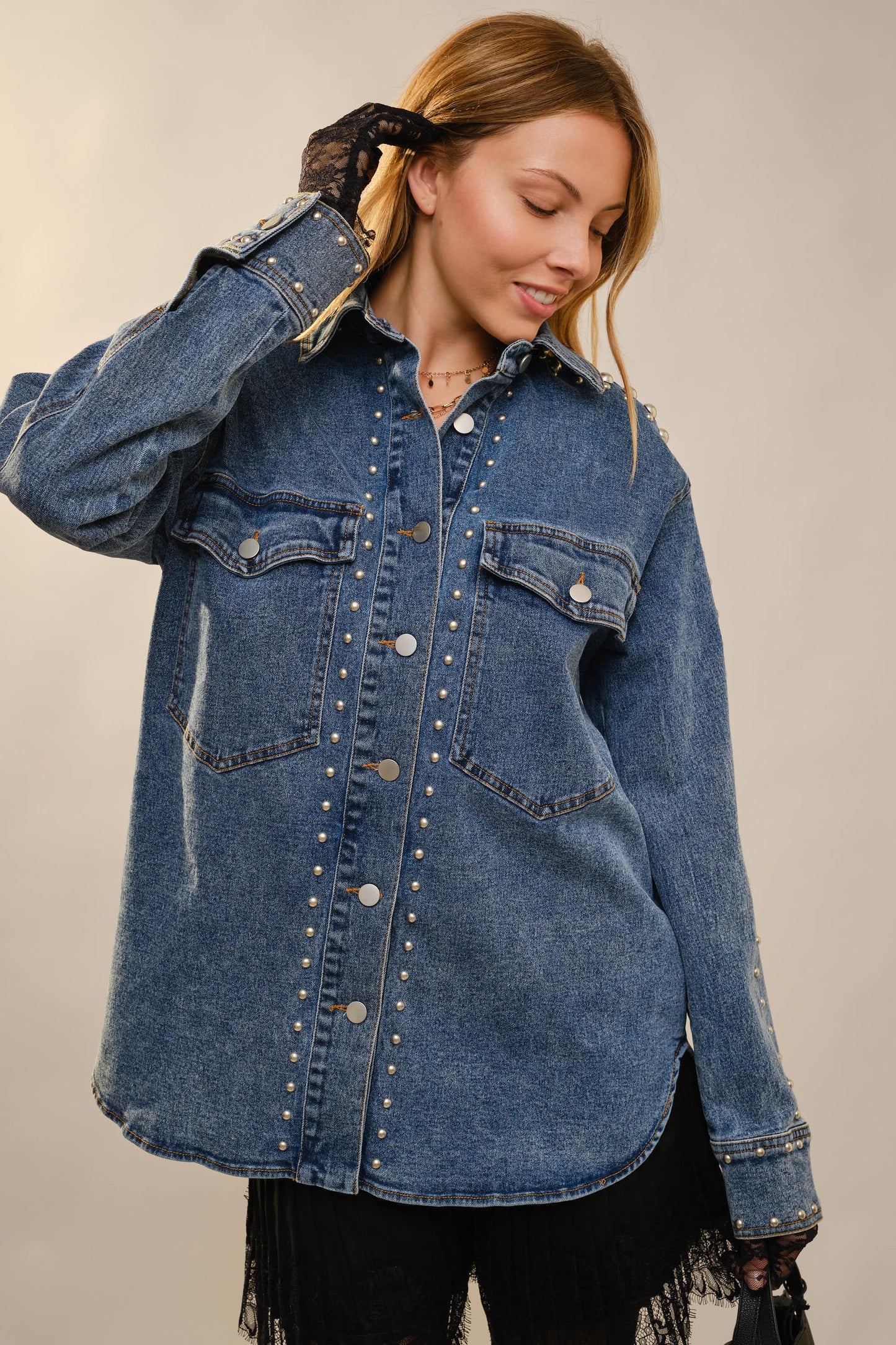 23923J Metal Studded Oversized Denim Shacket