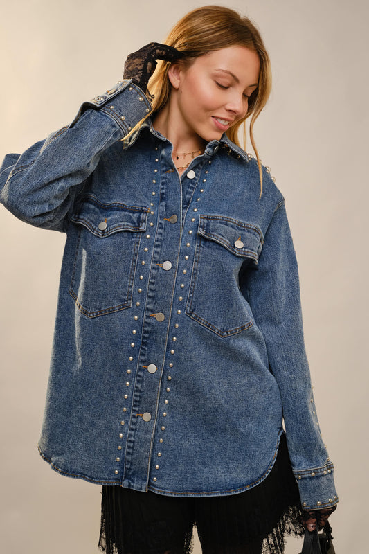 23923J Metal Studded Oversized Denim Shacket