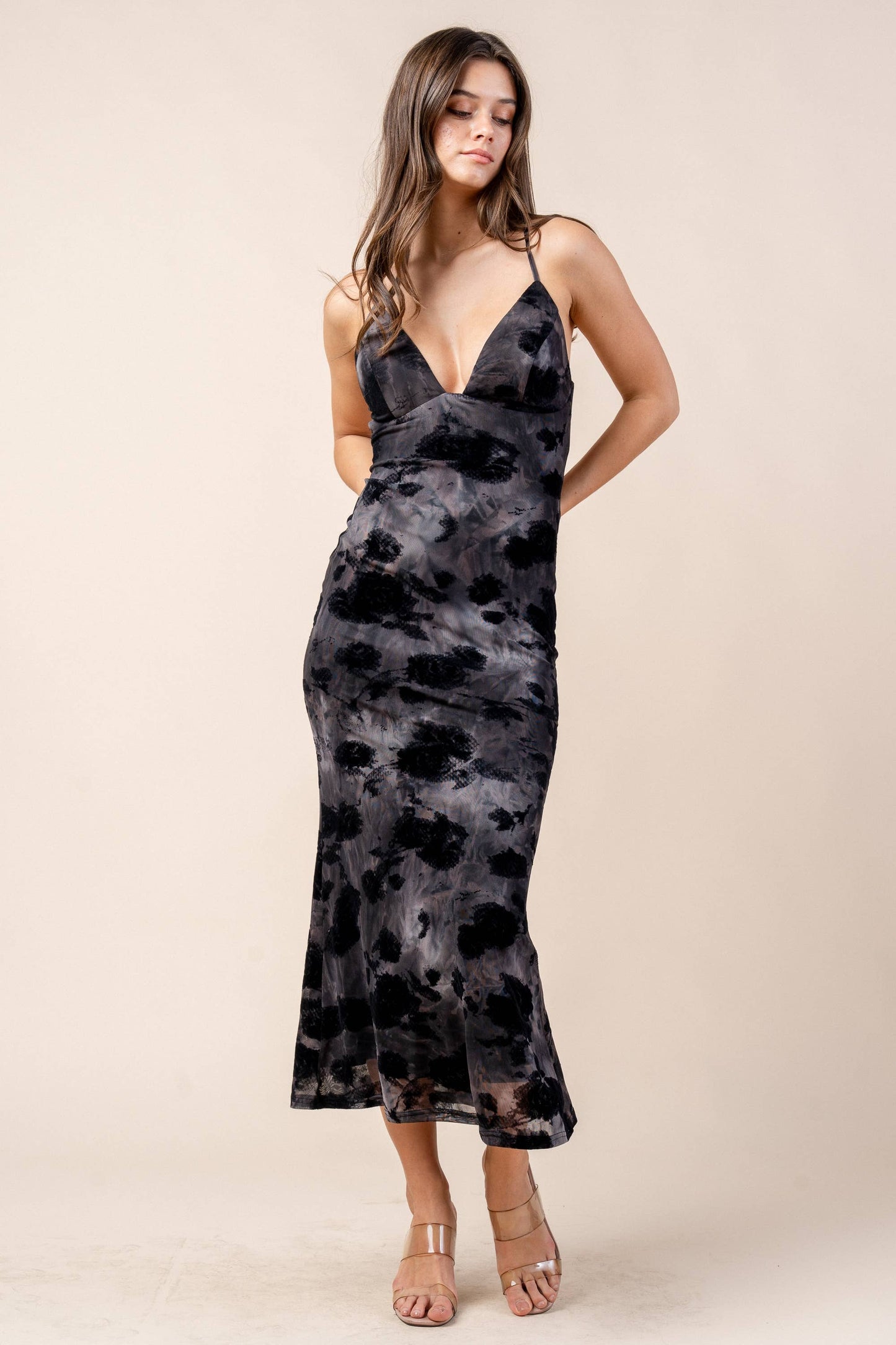 MESH PRINT MAXI DRESS