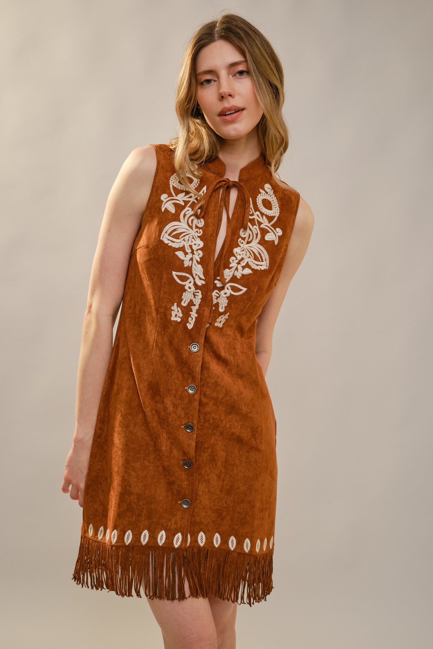 Embroidered Suede Fringe Dress