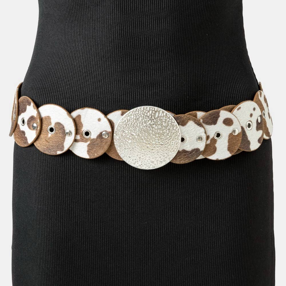 Western Inspired Faux Cowhide Large Round Buckle Belt
