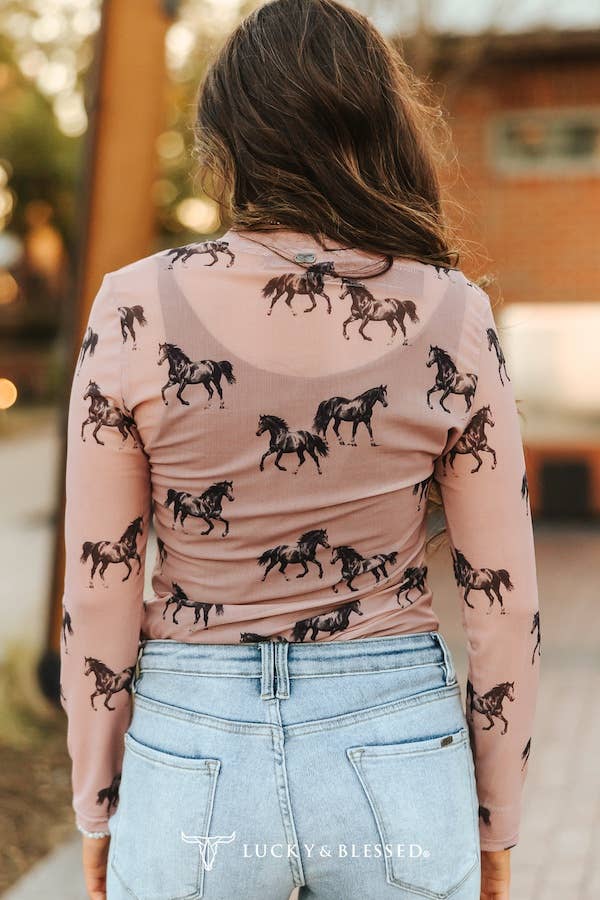 Dusty Rose Horse Printed Long Sleeve Mesh Tops