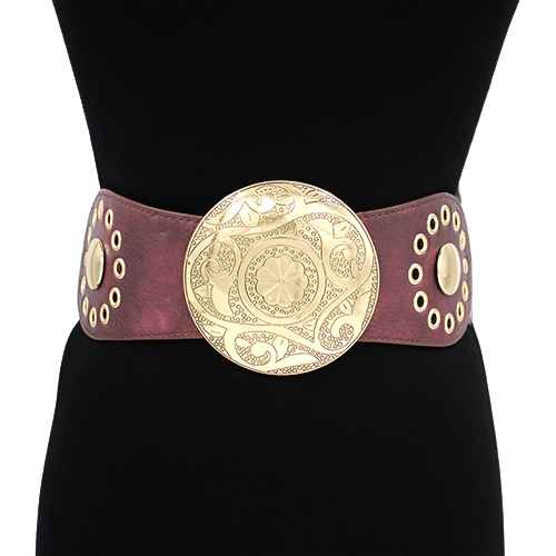 ENGRAVED ROUND WESTERN BUCKLE LEATHER ELASTIC BELT, KM 1647