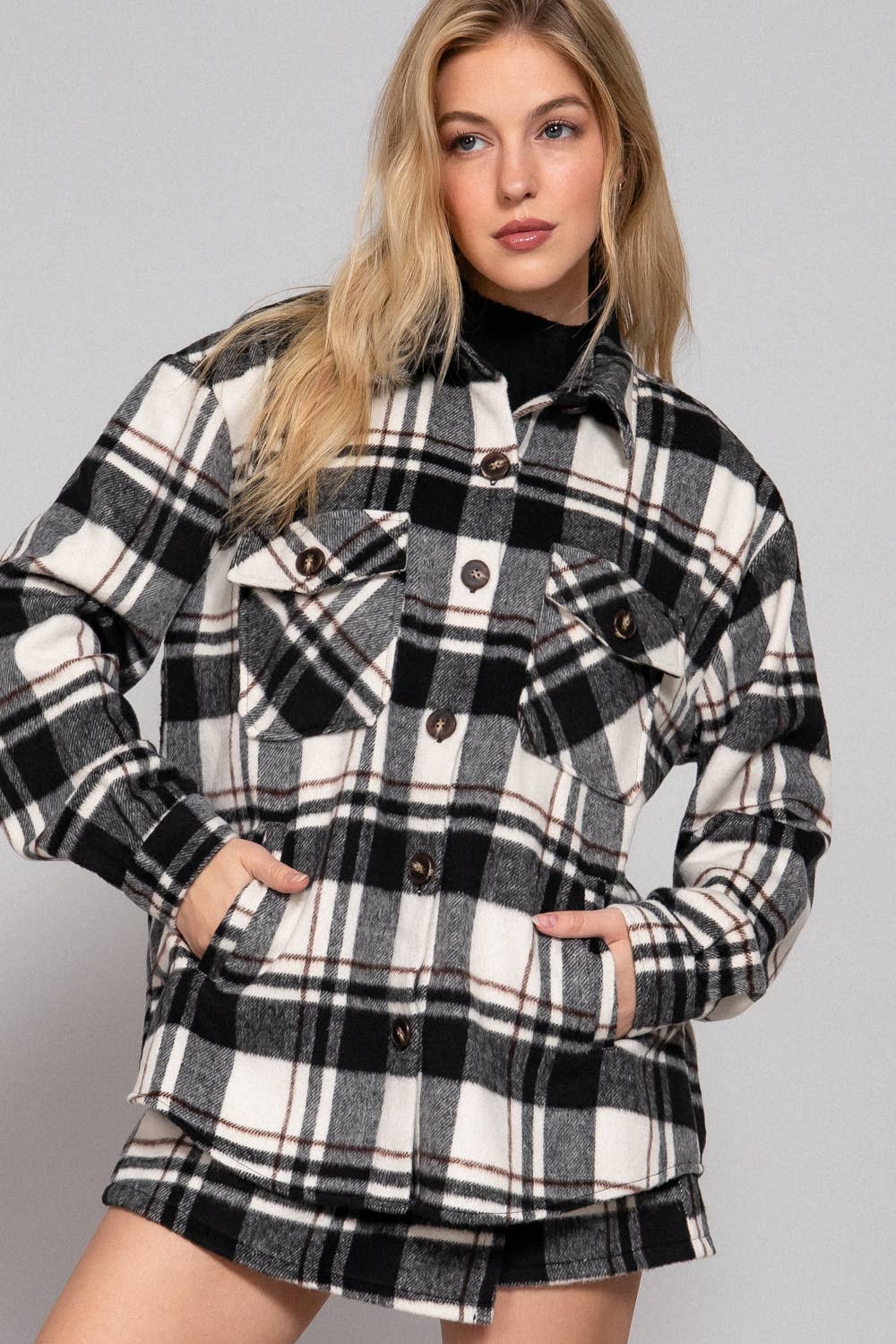 Long Sleeve Wool Blend Plaid Button Down Casual Jacket