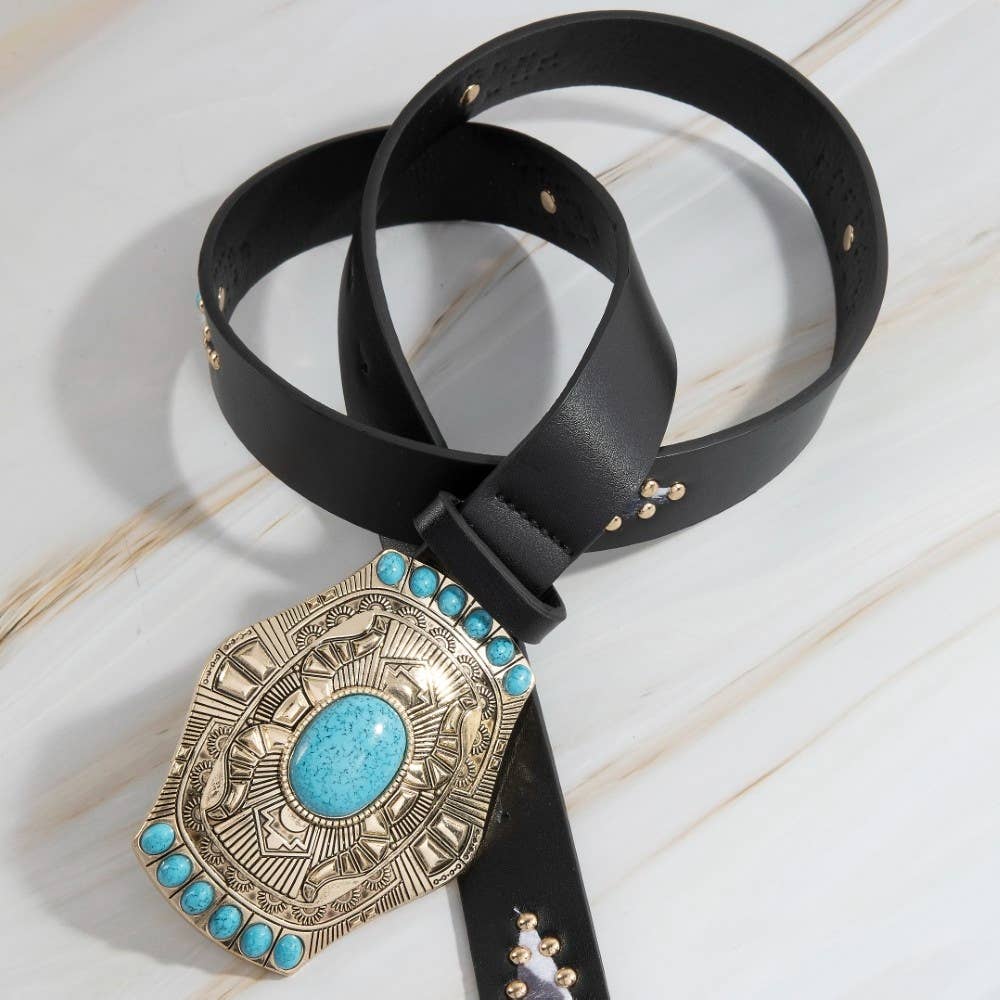 Turquoise Stone Western Concho Buckle Faux Leather Belt
