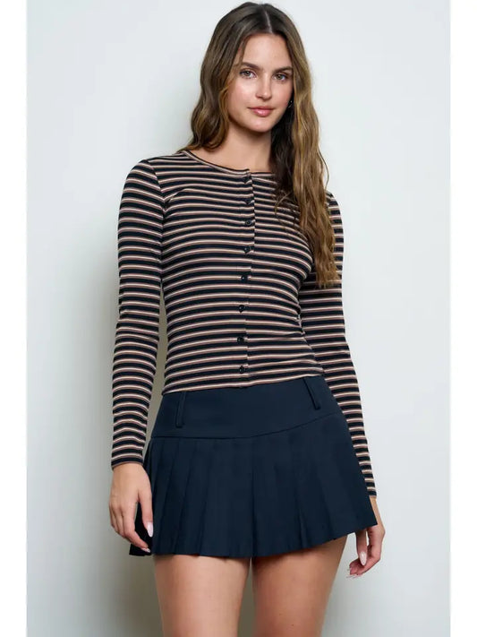 Button Down Crew Neck Striped Long Sleeve Knit Top