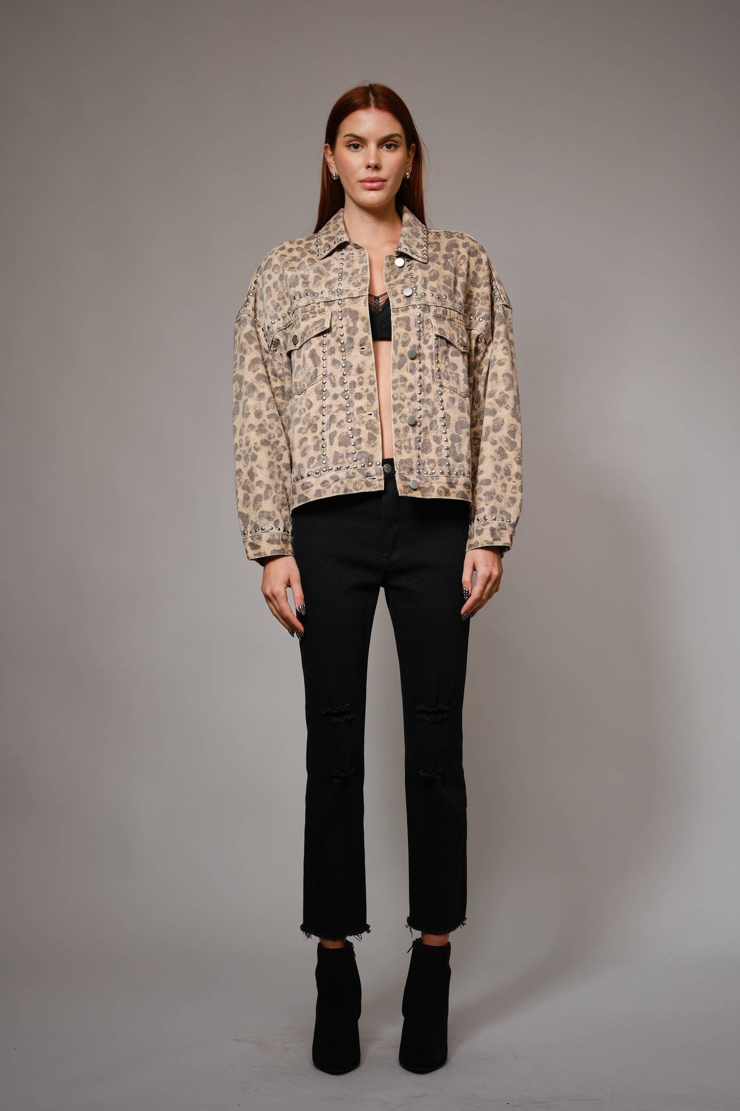 91559J - Studded Leopard Denim Jacket