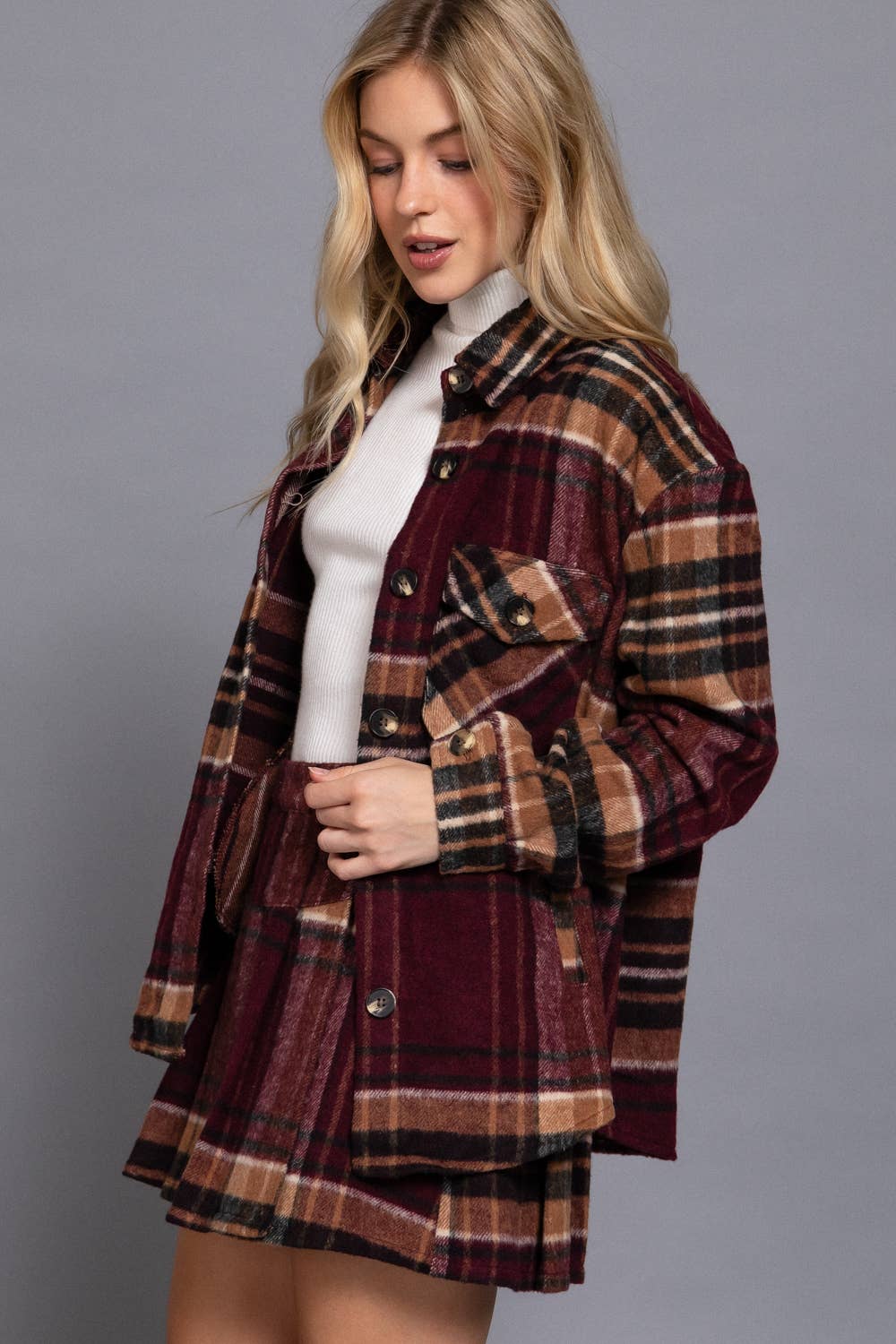 Long Sleeve Wool Blend Plaid Button Down Casual Jacket