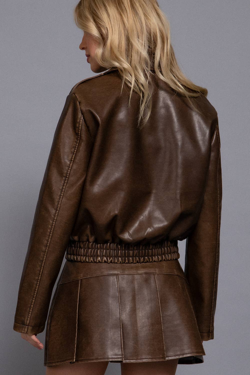 Long Sleeve Wash Effect Faux Leather Jacket