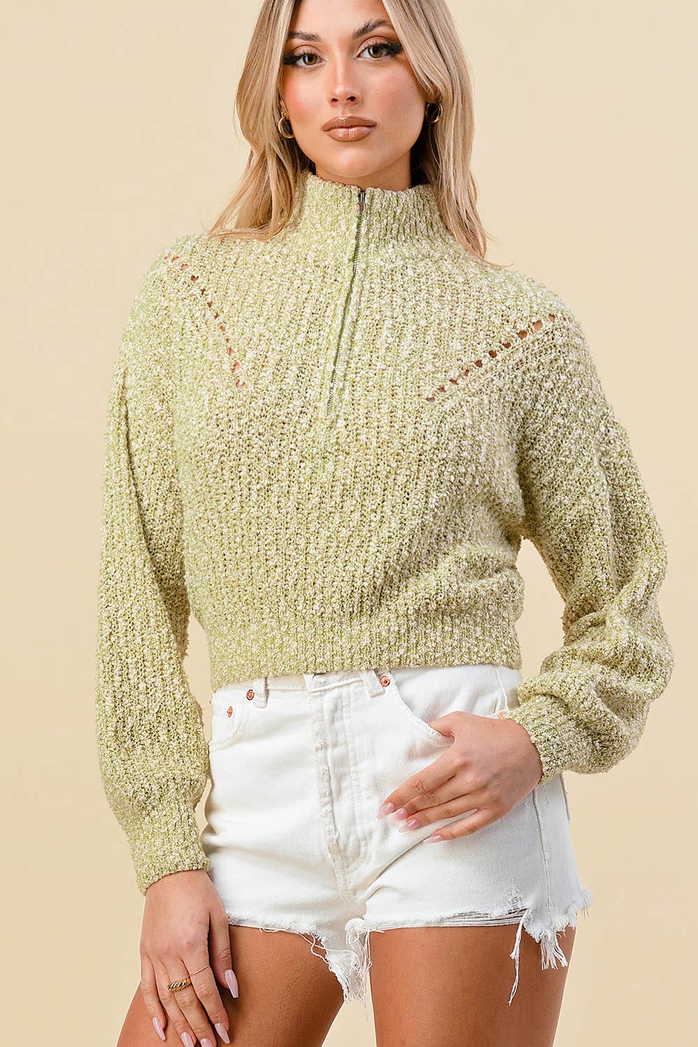 KNITTED LONG SLEEVE DETAIL PULLOVER WITH ZIPPER