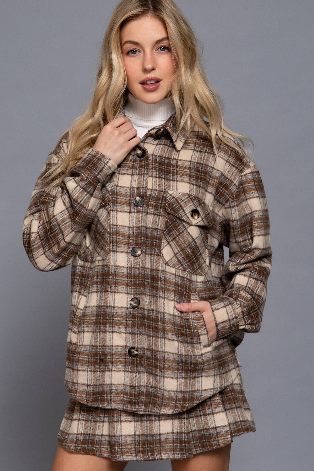 Long Sleeve Wool Blend Plaid Button Down Casual Jacket