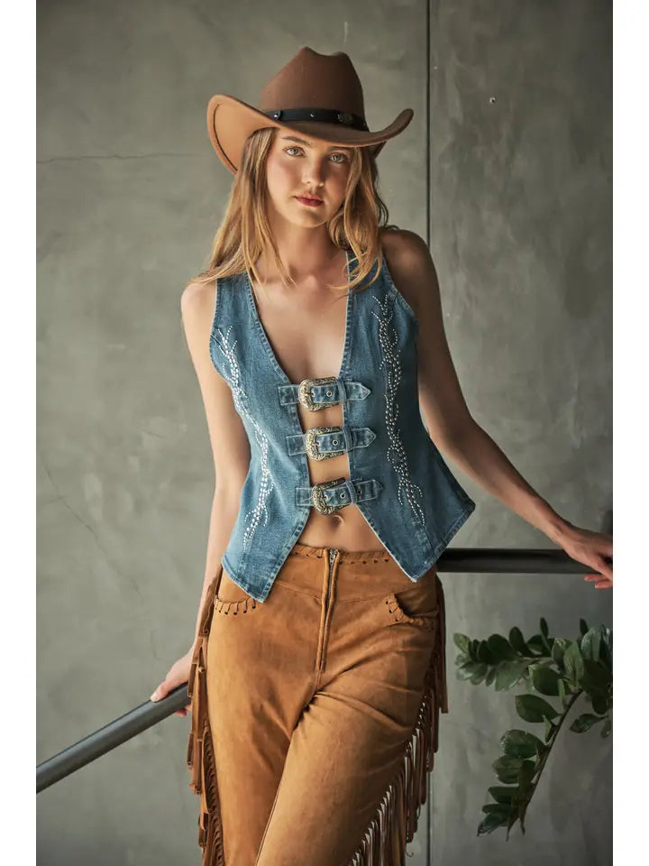 Studded Buckle Denim Top