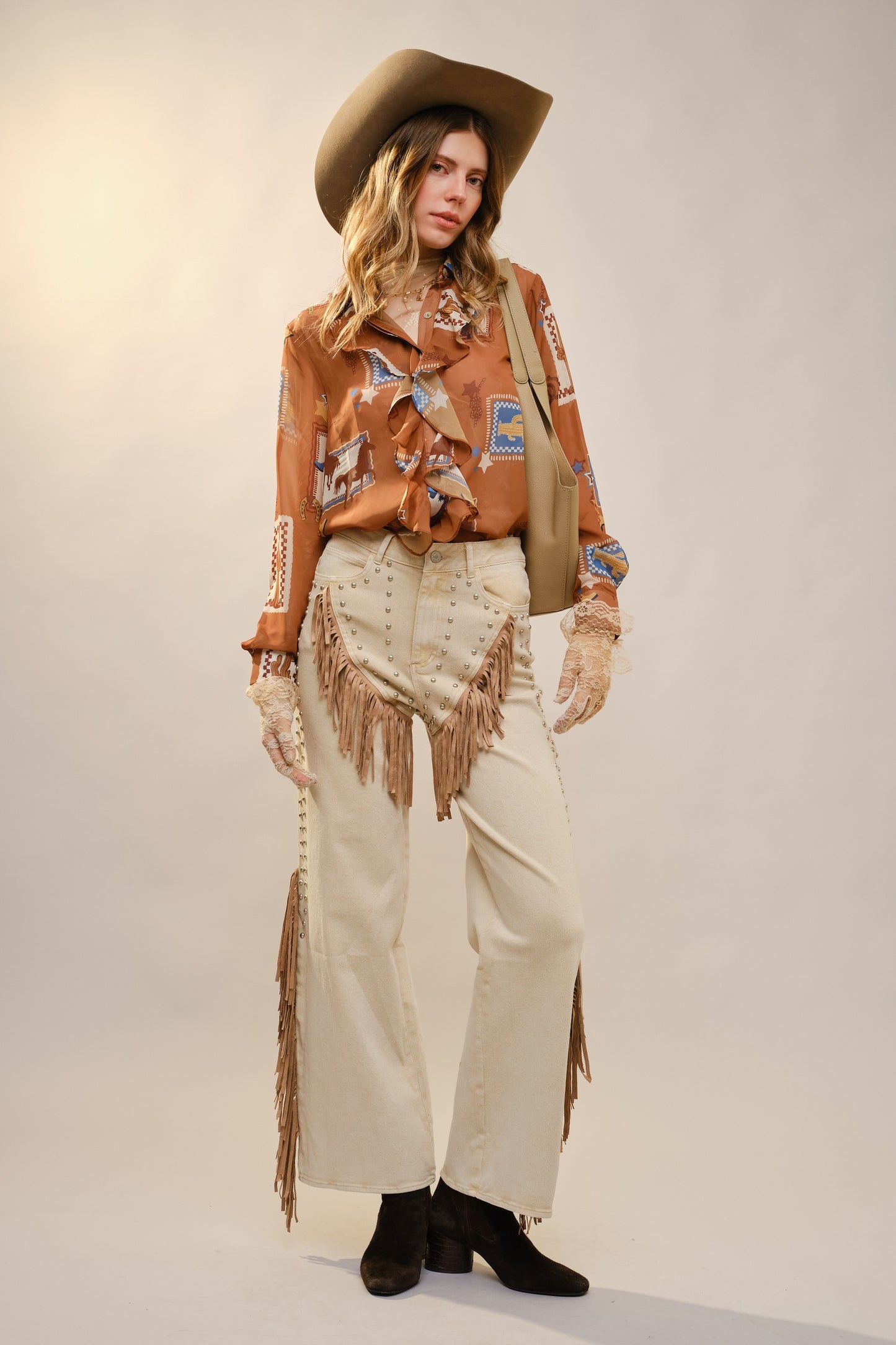 Western Print Ruffle Sheer Blouse