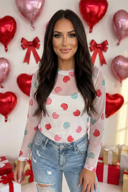 LAS Sheer Mesh Valentines Slogan Heart Printed Top