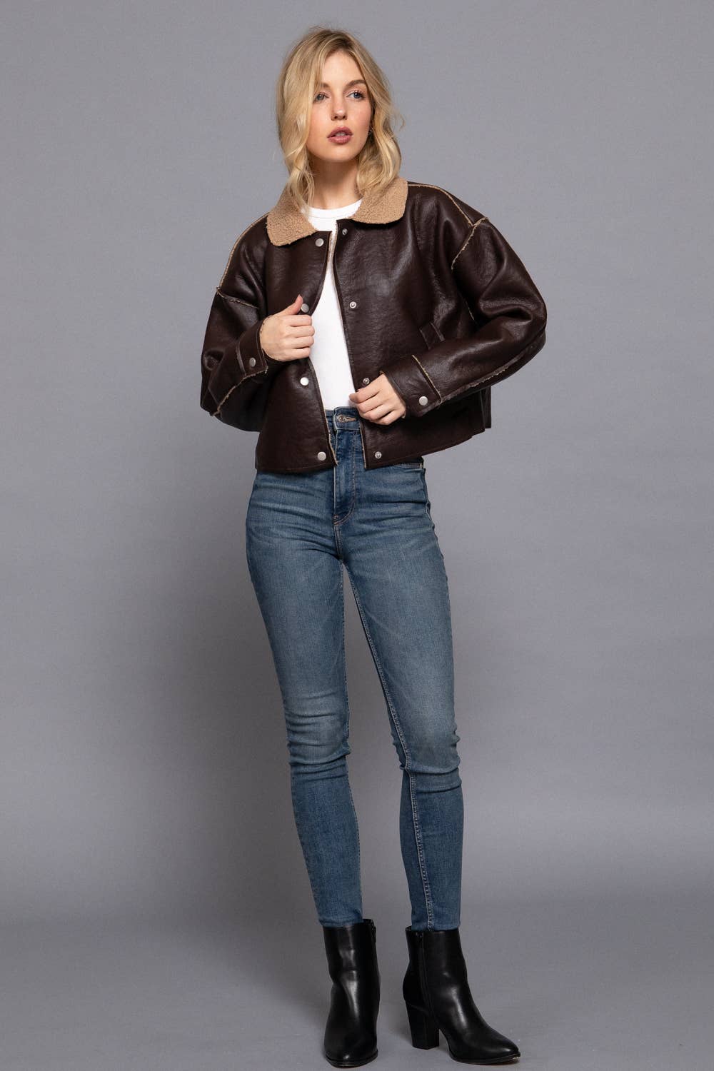 Long Sleeve Faux Leather Inner Fur Jacket