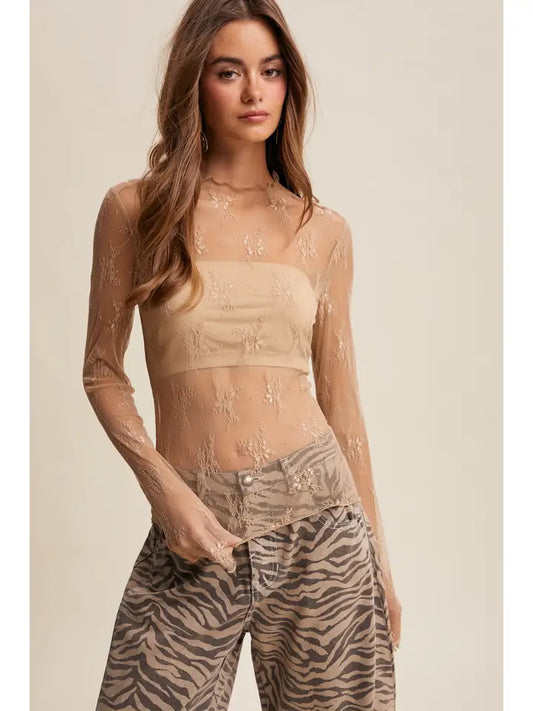 Sheer Lace Long-Sleeve Top LT1354