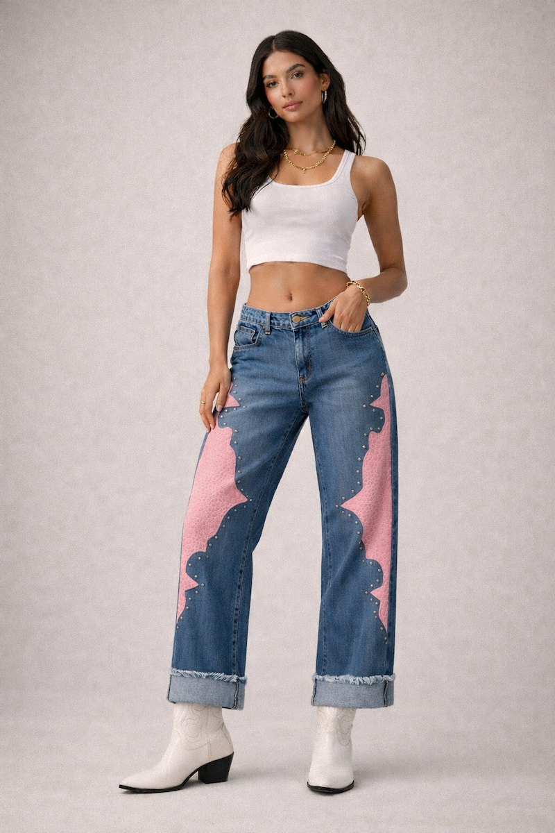 Low Rise Cuffed Jean with Pink Vinyl Croc Panels-USA