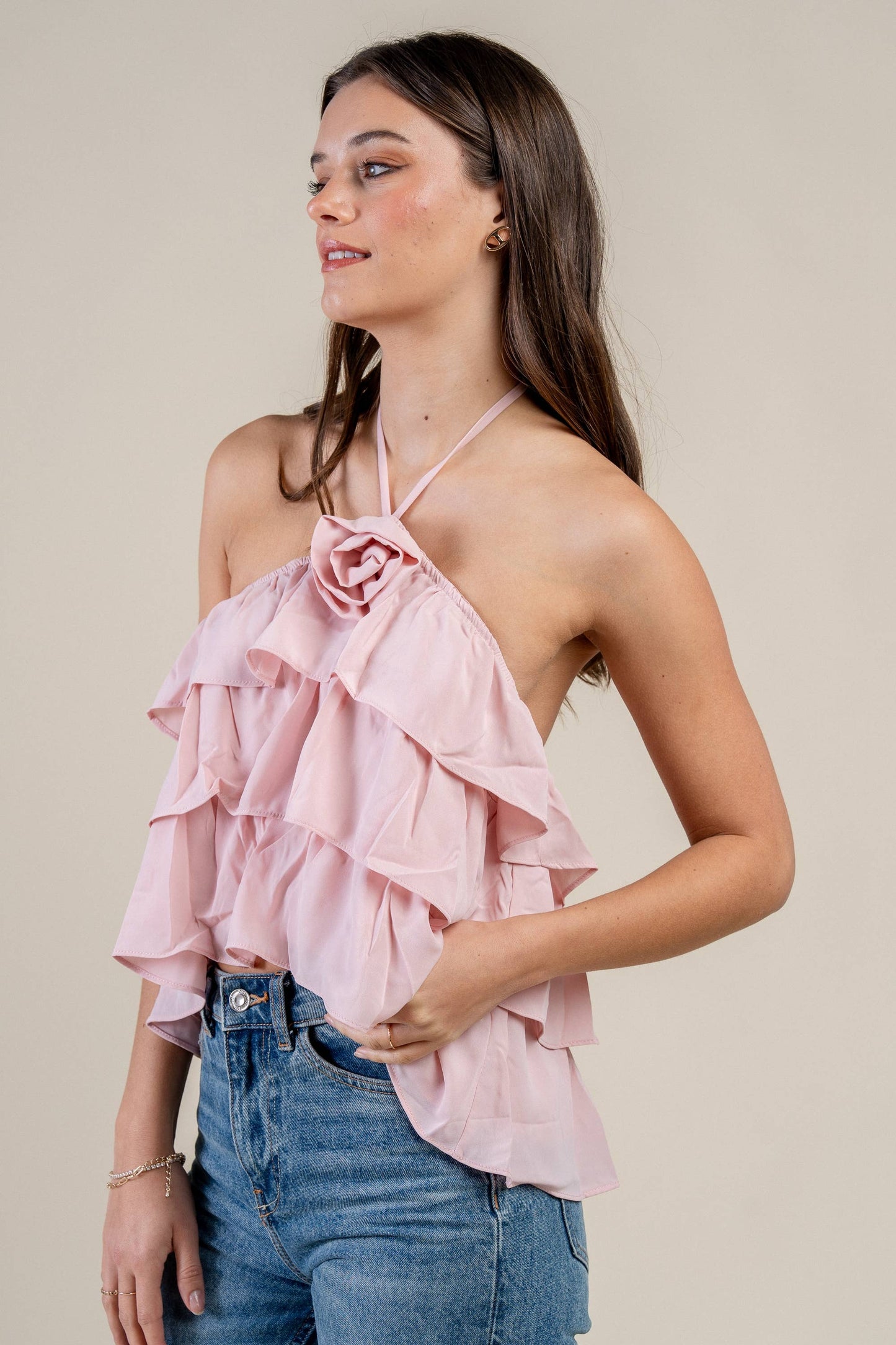 BT2635N ROSETTE HALTER NECK RUFFLED TIERED  TOP