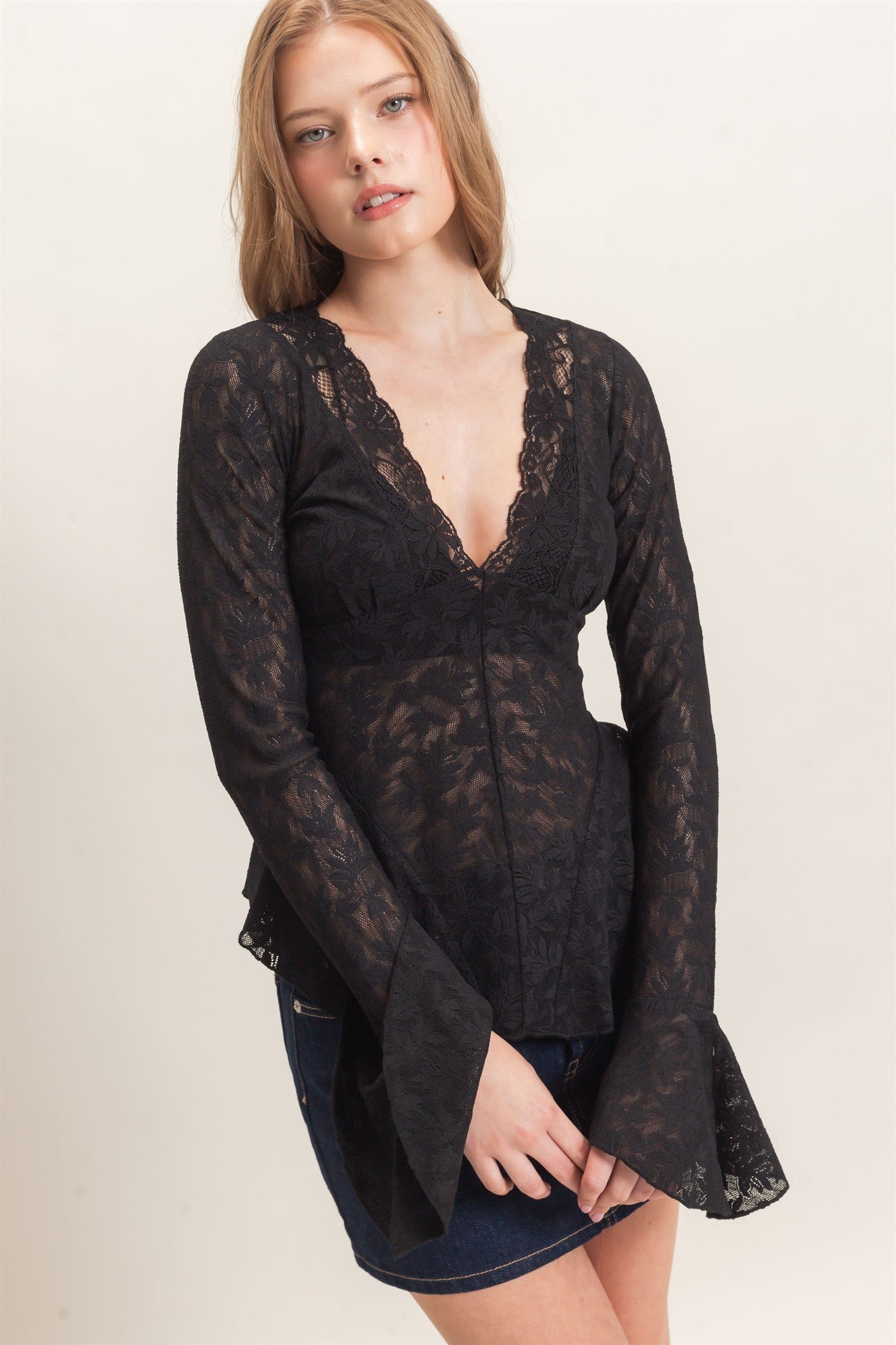 Lace V-neck Flare Sleeve Top