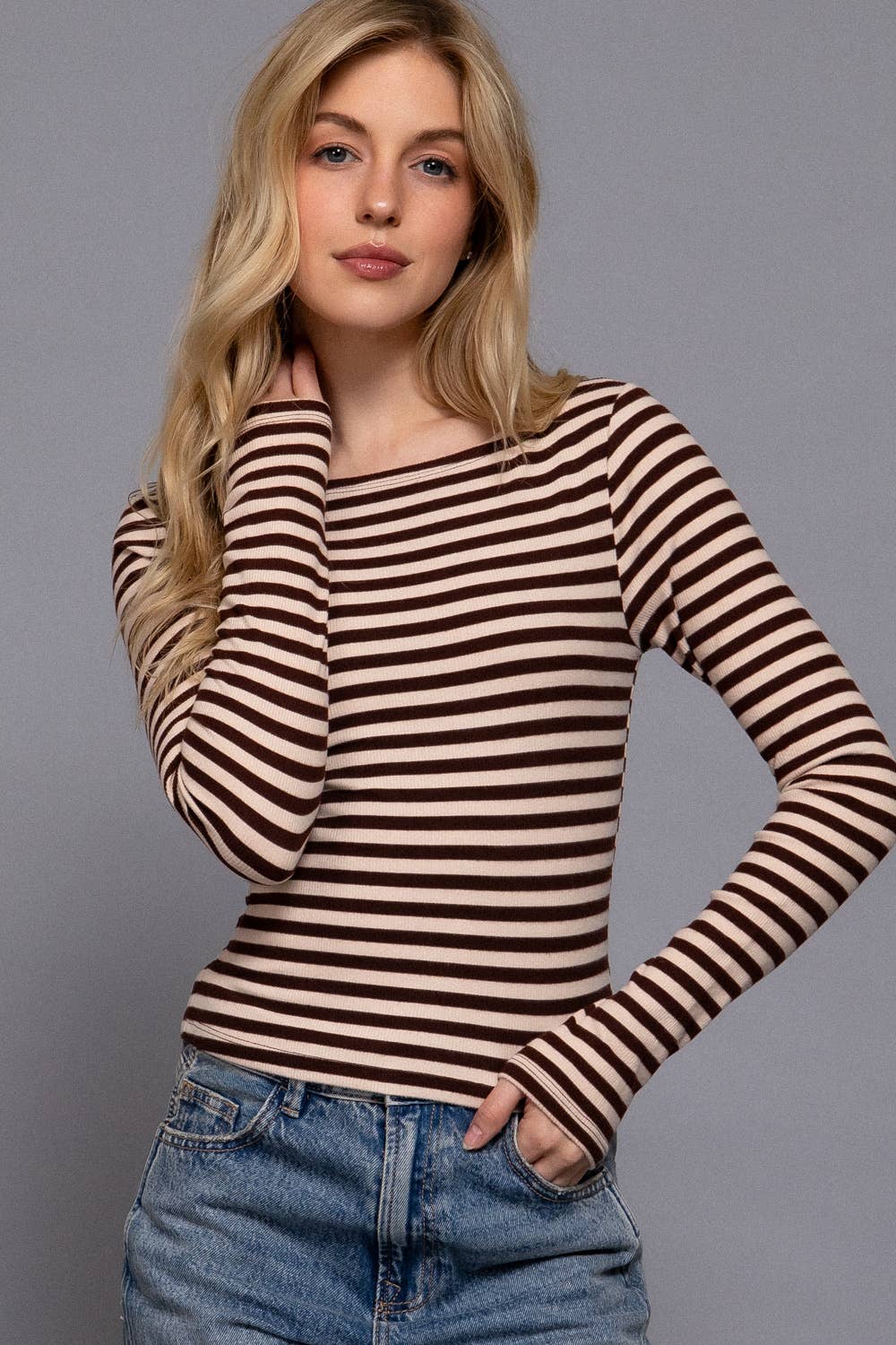 Long Sleeve Boat Neck Stripe Brushed Rib Top