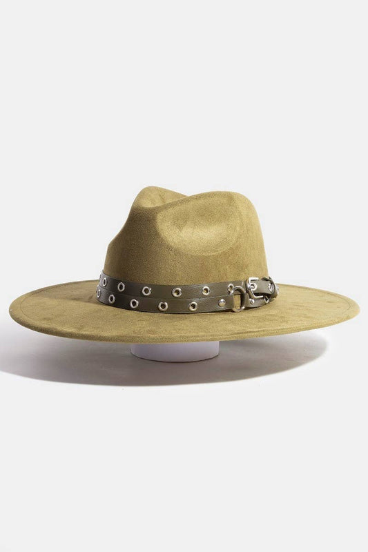 Double Grommet Strap Faux Suede Fedora Hat