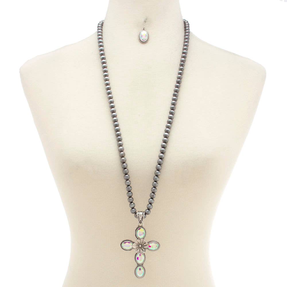 WESTERN TURQUOISE CROSS PENDANT NECKLACE, SS 2365