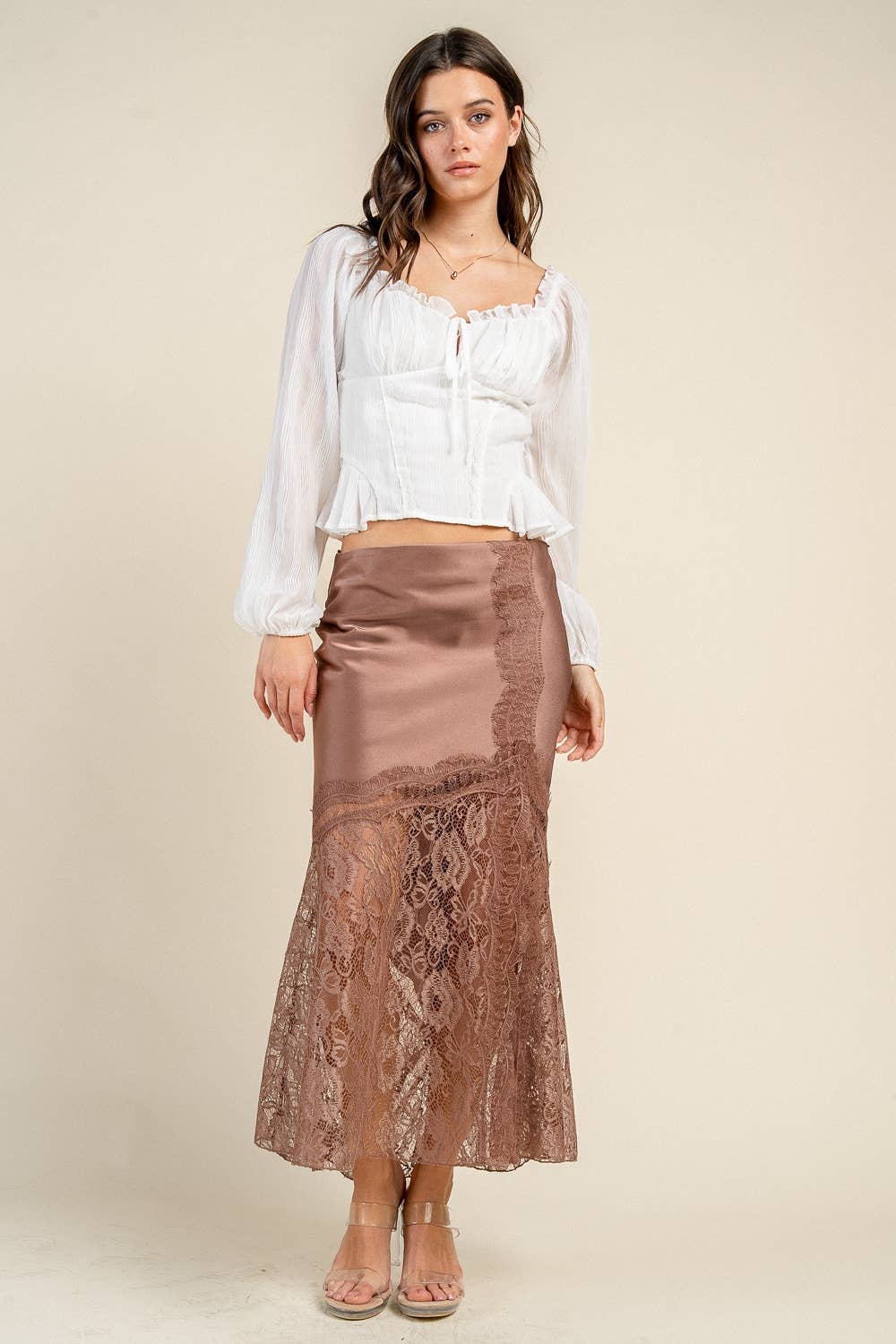 CB20107S SATIN MIDI SKIRT W/ LACE TRIM DETAIL