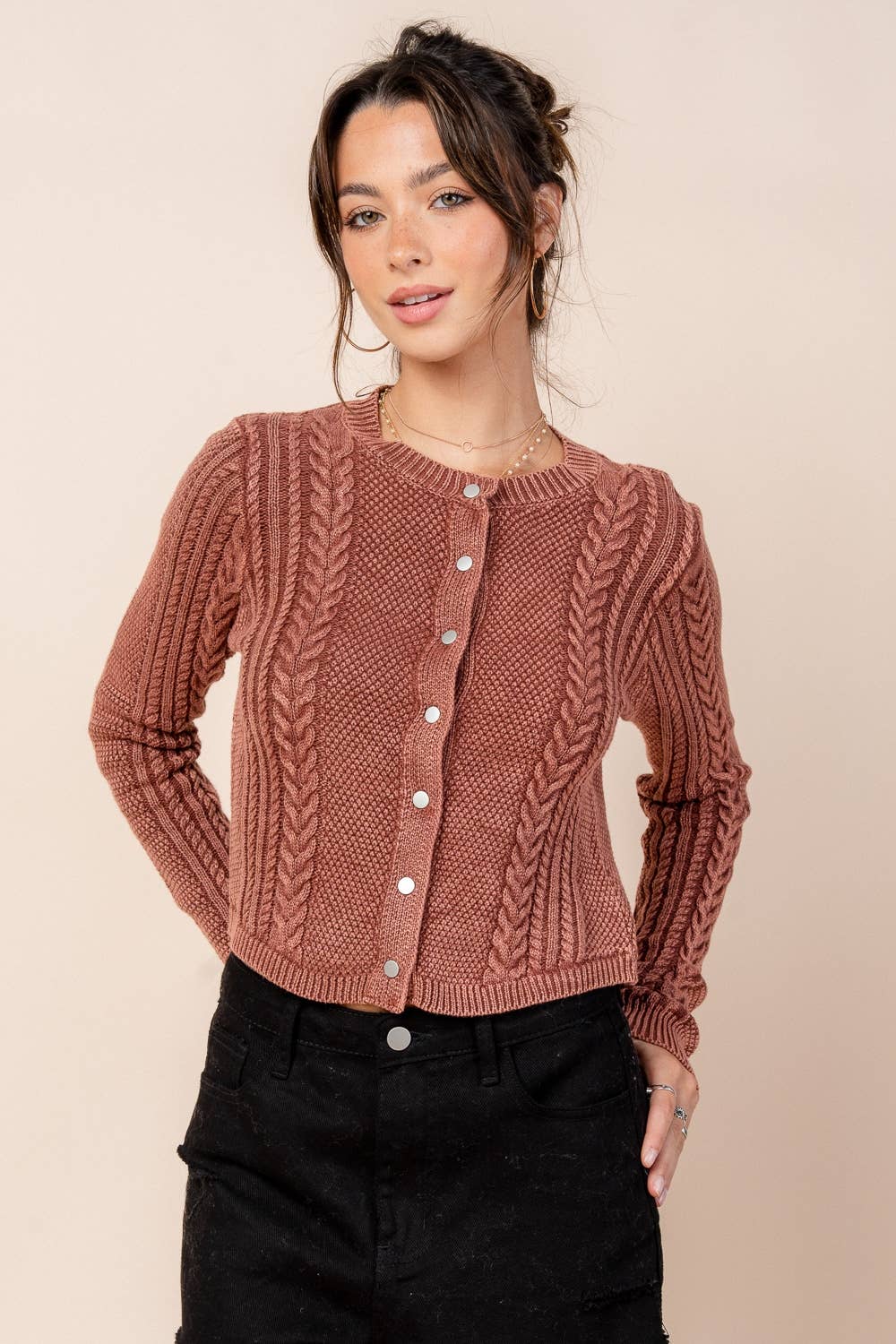 WASHED EFFECT CABLED SWEATER CARDIGAN