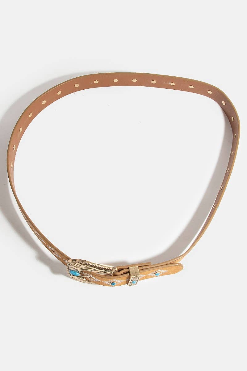 Turquoise Studs Western Concho Buckle Faux Leather Belt