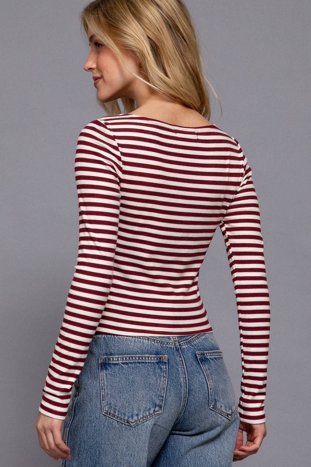 Long Sleeve Boat Neck Stripe Brushed Rib Top