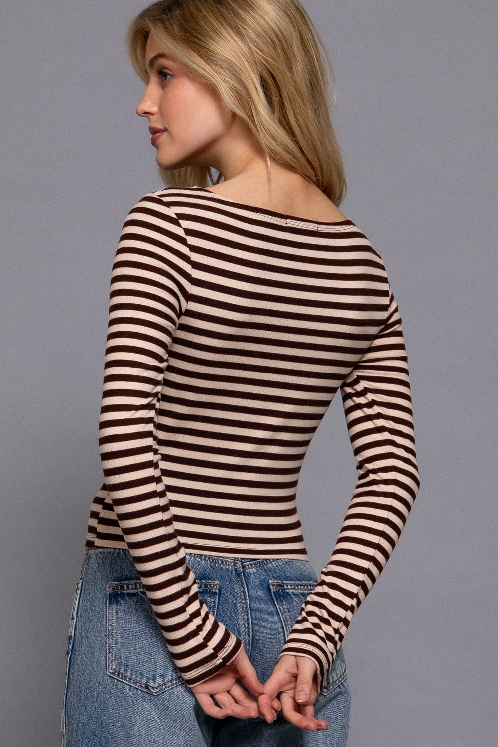 Long Sleeve Boat Neck Stripe Brushed Rib Top