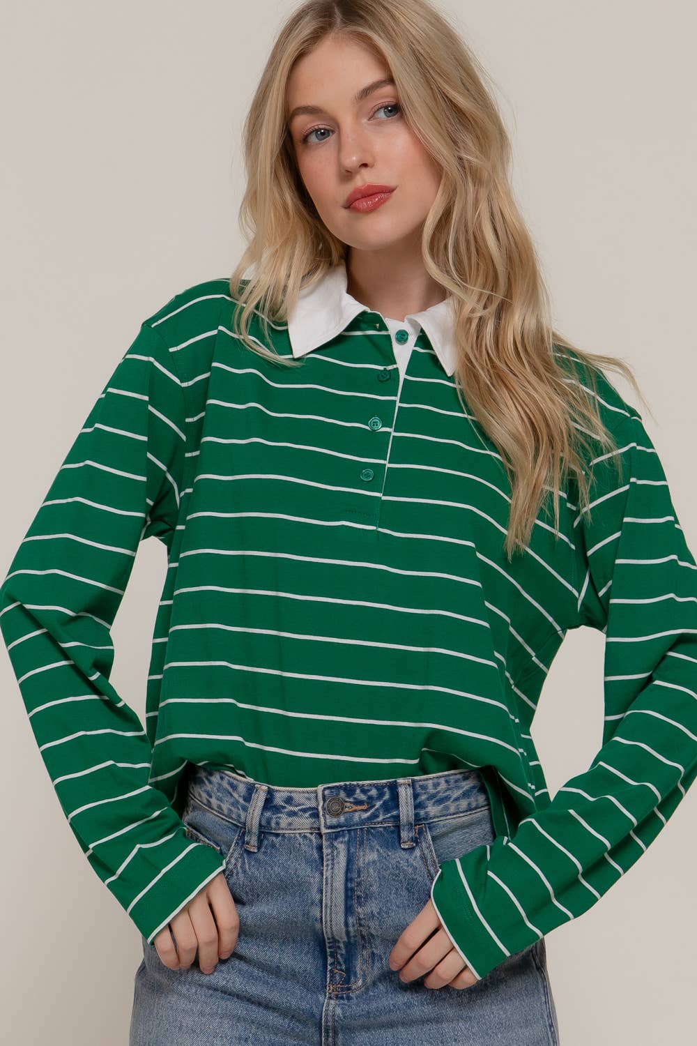 Long Sleeve Y/D Stripe Cotton Polo Shirt