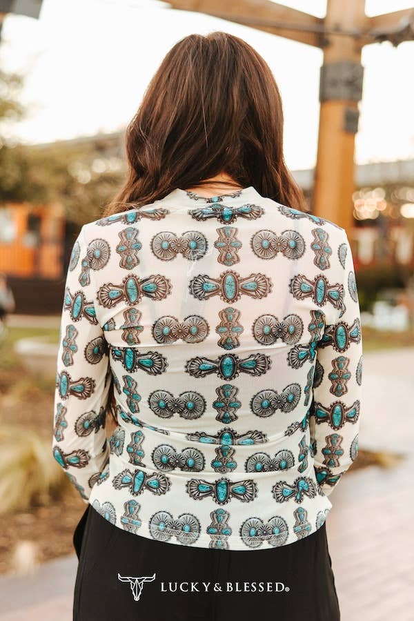 Cream Turquoise Concho Printed Long Sleeve Mesh Top