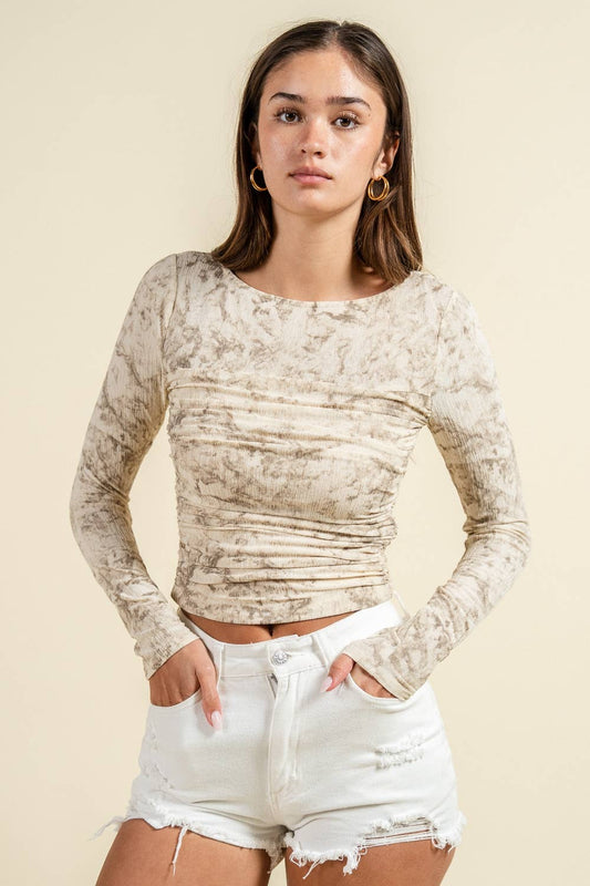 SKIN FITTED LONG SLEEVE TOP W/ RUCHING BODICE