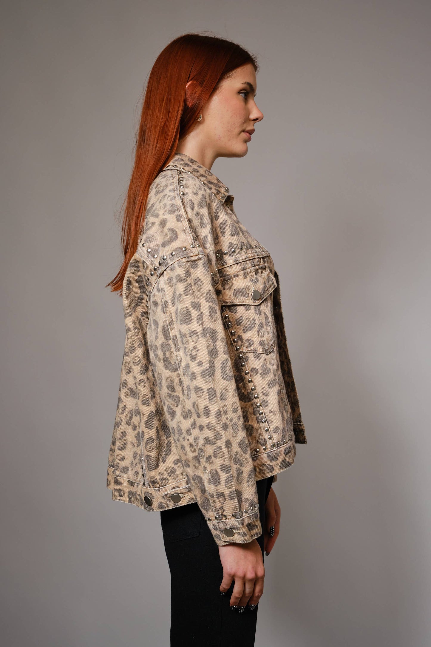 91559J - Studded Leopard Denim Jacket