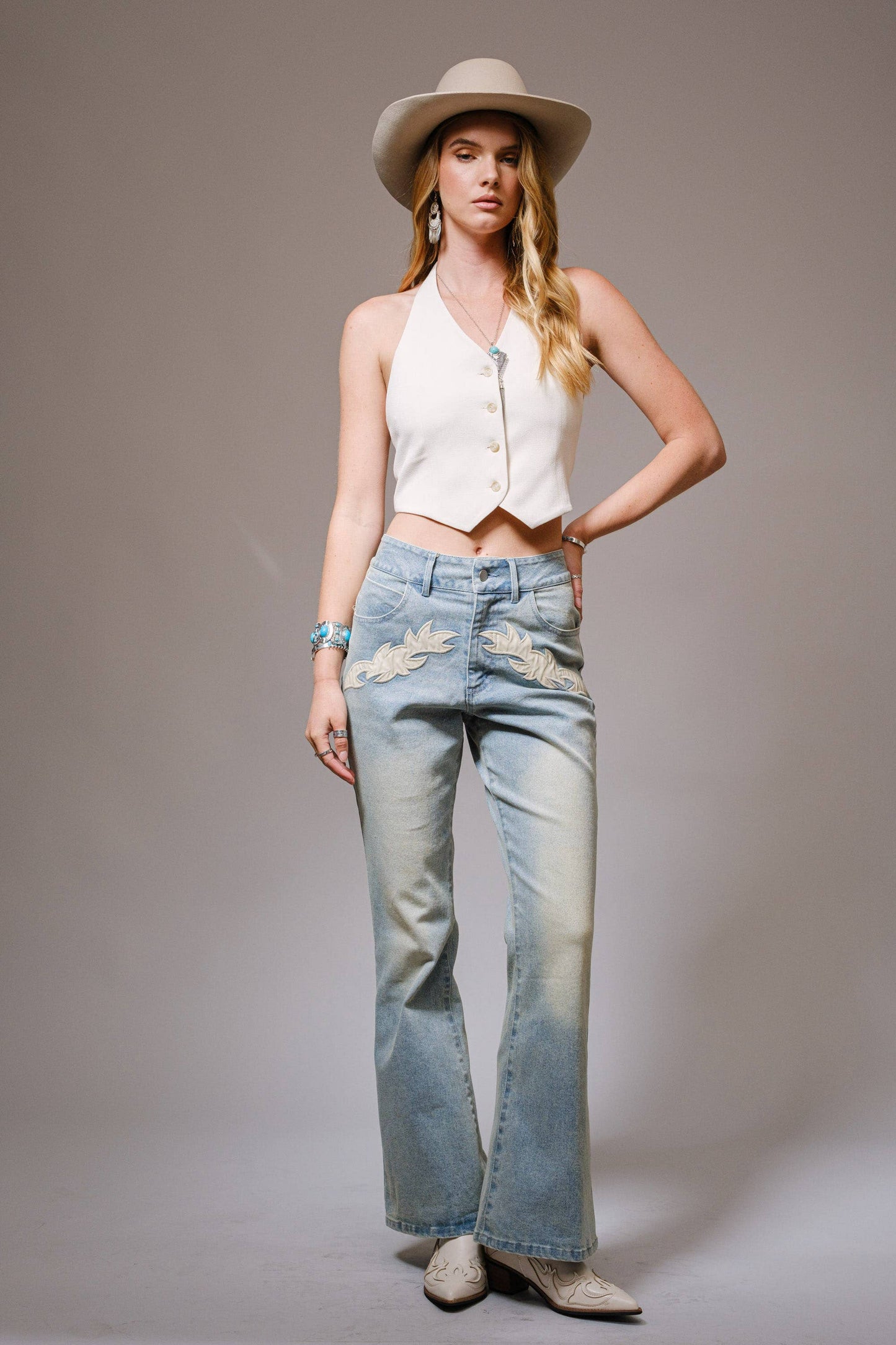 23425P - Western Contrast Patch Denim Jeans