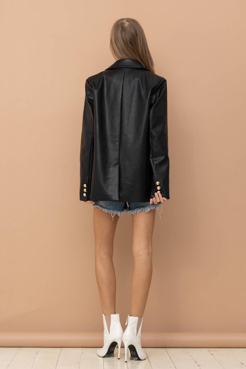 17587J - Faux Leather Boyfriend Fit Single Blazer