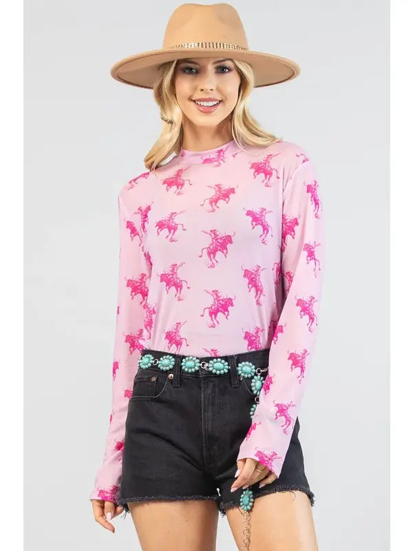 LIAM Bucking Horse Print Semi Sheer Mesh Top-Liam