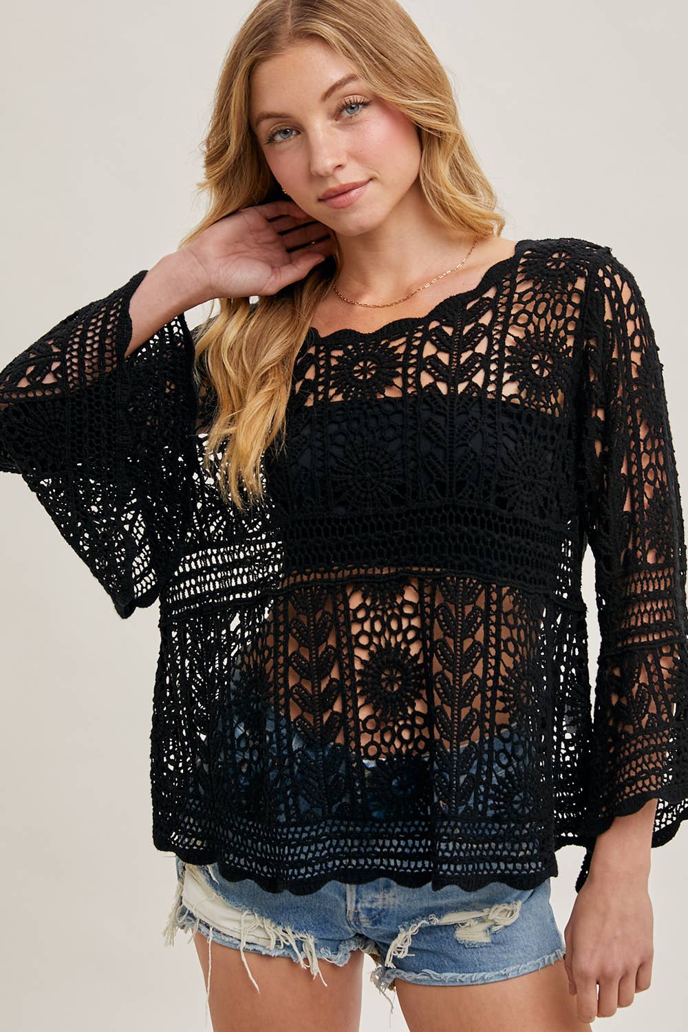 CROCHET SHEER BELL-SLEEVE PULLOVER TOP